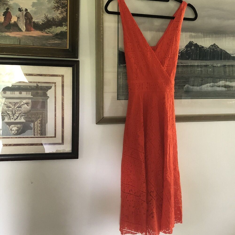 Reserved UK Size 6 Red Orange Lace Midi Dress Criss Cross Straps A1479